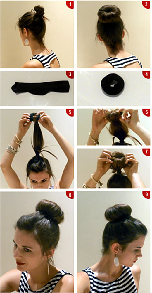 Step by step images of how to do the sock bun technique