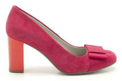 Pink and orange block heel suede shoe with flat bow...gorgeous I tell ya!