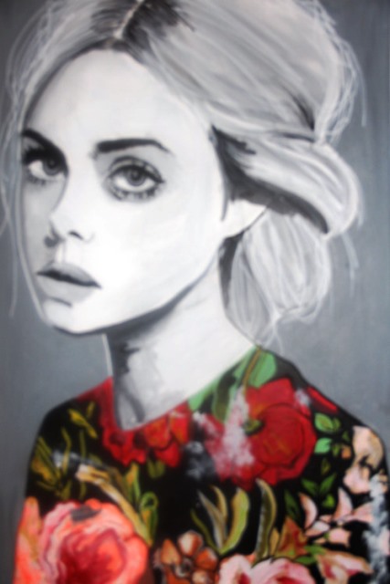 Black and White Flowers - Painting of  woman