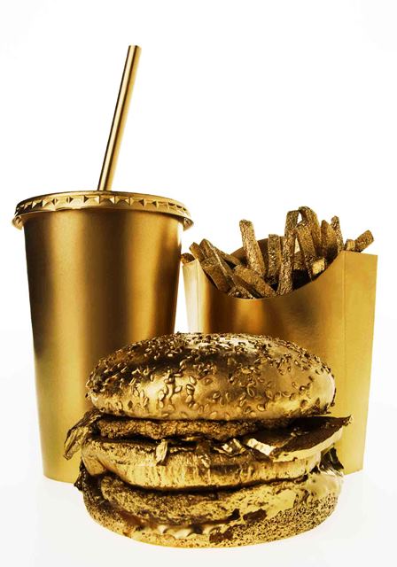 Mc Donalds - The Golden Arches - Burger fries and a drink in gold paint