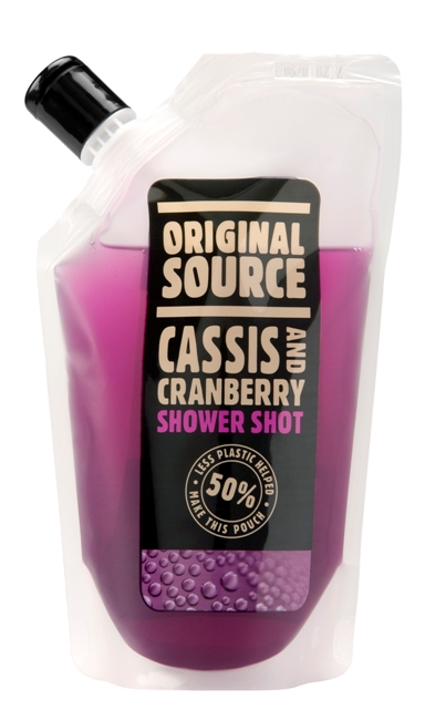 Cassis and Cranberry Shower Shot packet containing purple coloured shower gel.