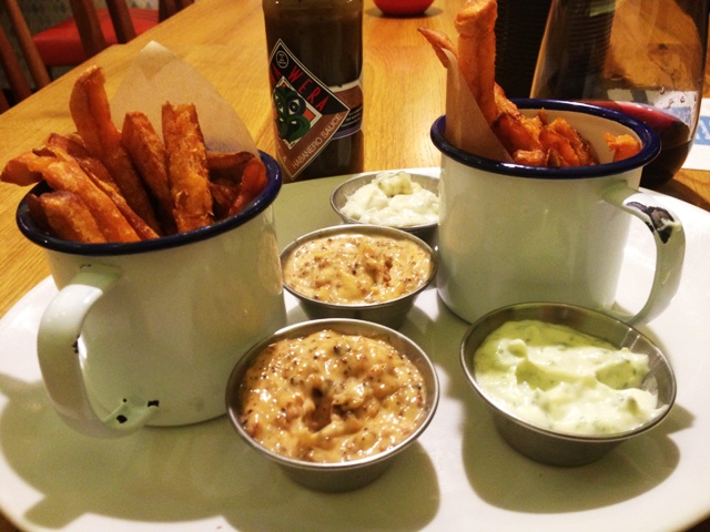 Sweet potato fries with a range of dipping sauces