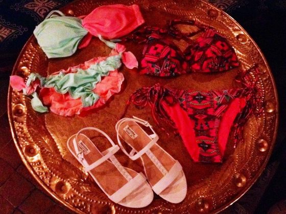 Bershka bikini and sandals in red tones